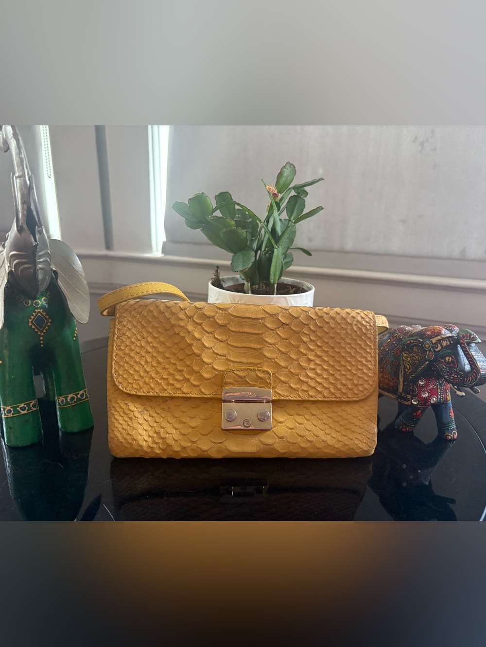 Furla 2014 mustard yellow python-embossed Metropolis crossbody bag